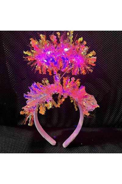 Skygo Pink Color Pink Sparkling Tasseled Led Lighted Shiny Hologram Crown 25X12 cm