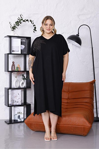 Siyezen Plus Size Sequin Leaf Embroidered Oversize Dress