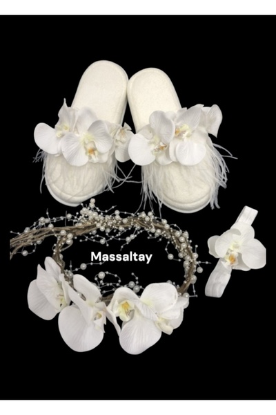 Massaltay 3-Piece Maternity Set – Orchid Feather Pearled Slippers, Headband a...