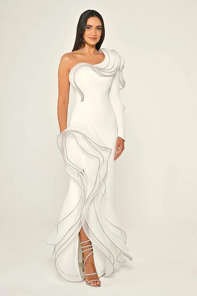 ALFABETA Long Crepe Evening Dress With One Sleeve