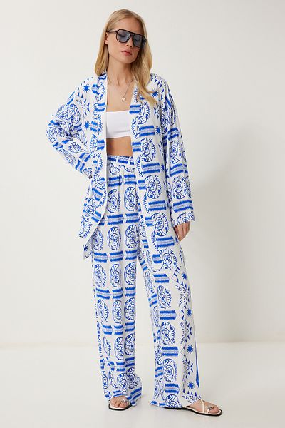 Lovelyİstanbul Set pantaloni kimono din viscoză de vară cu model ALBASTRU ALB LJE0003