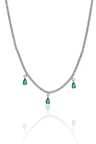 Midyat Nurtaş Gümüş Zümrüt Taşlı Damla Model 925 Ayar Gümüş Su Yolu Gerdanlık Kolye 201024155