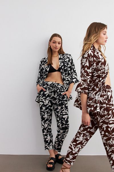MODAGEN Women's Brown-White Black-White Patterned 2-Piece Kimono Set