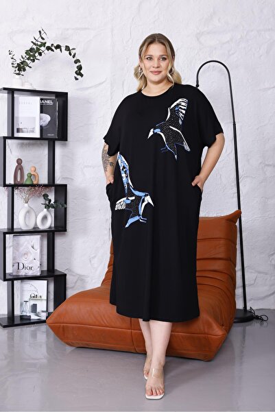 Siyezen Large Size Bird Printed Oversize Dress