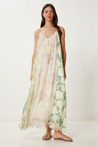 Lovelyİstanbul Rochie de vară din șifon cu imprimeu floral cu bretele VERDE GALBEN LNS0065