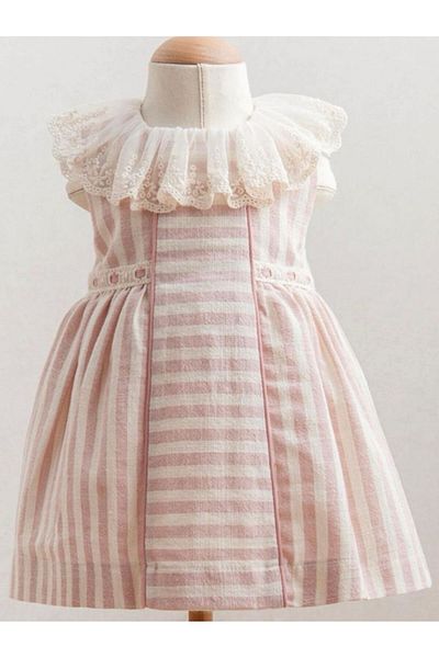 Tongs Baby Elegant Striped Baby Girl Dress - Powder Color Lace Detailed 100% Cotton