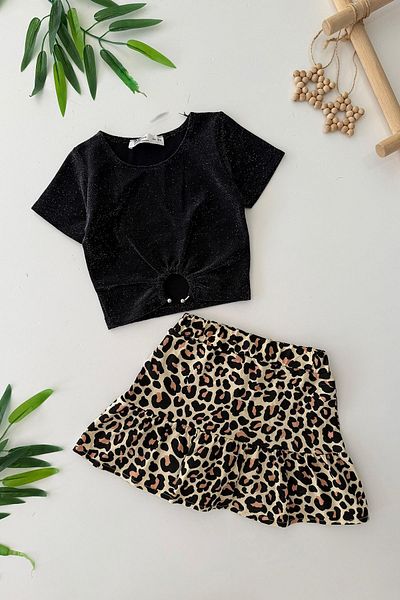 Minigimin Cicileri My Little One's Leopard Skirt Glittery Crop Girl's Suit - Black