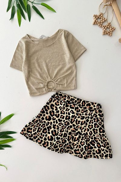 Minigimin Cicileri My Little One's Leopard Skirt Glittery Crop Girl's Suit - Gold
