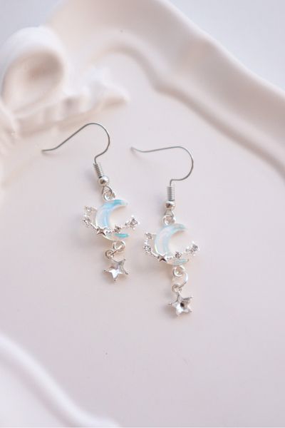 EFBUTİK Blue Dangle Moon Saturn Imported Earrings