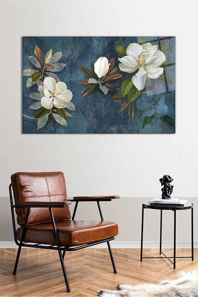 Vosevu Ilustrație de flori albe Pictură orizontală pe sticlă, Decor modern pentru casă, Decorare de perete pentru cadou, Rezistent la spargere