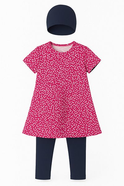 TESMAY Short Sleeve Children's Swimsuit with Tights 3-Piece Set Water Repellent Dress Swimsuit Slim Fit with Bonnet for Ages 5-14