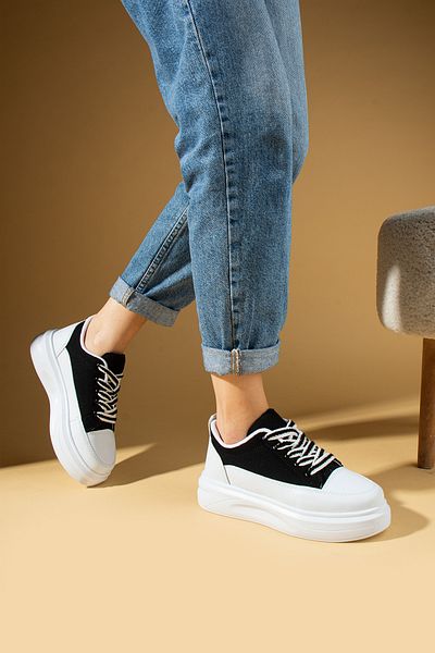 Pembe Potin White Black Women's Sports Sneakers Lace-up Casual Comfortable Sole Shoes