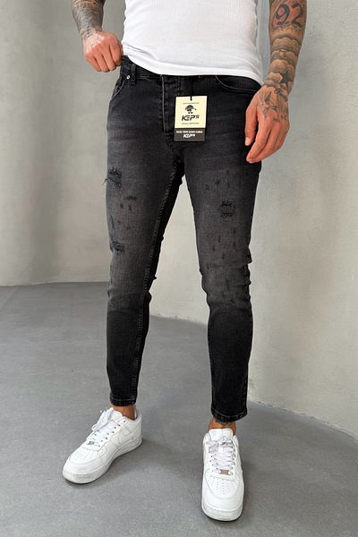 MADZEYMODA Slim Fit Slim Fit Lycra Denim Ύφασμα Ανδρικό μαύρο τζιν παντελόνι με σκισίματα KE-543