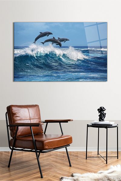 Vosevu Delfini care sărită pe valuri pictură orizontală pe sticlă, decor modern pentru birou, decorare de perete cadou