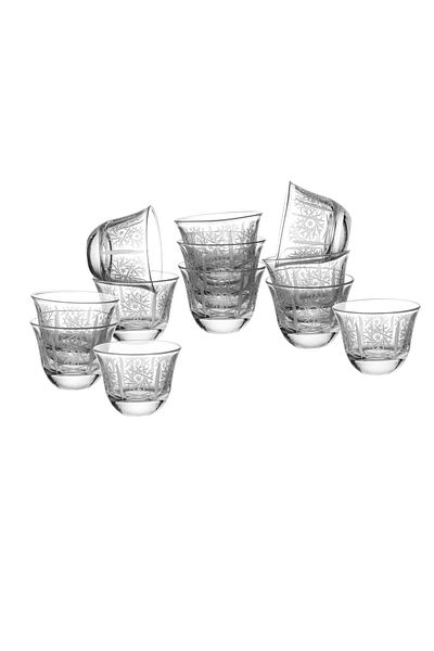 Byblos Saudi coffee cup set made of Turkish glass with laser engraving, 12 pieces, capacity 80 ml