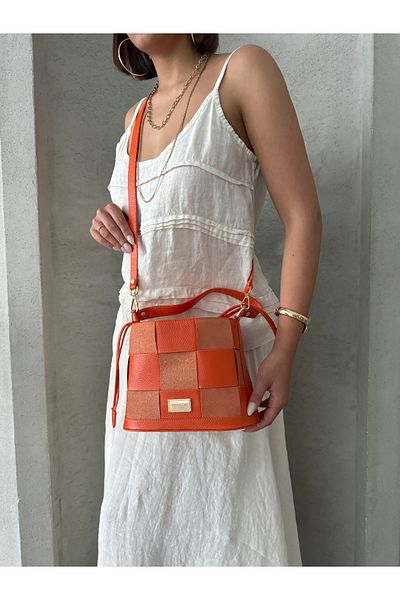DERKON Genuine Leather Tezza Model Crossbody and Shoulder Bag Orange Color