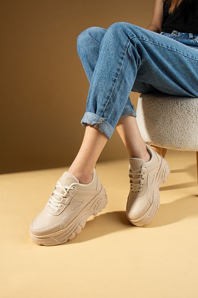 Pembe Potin Beige Women's Sports Sneaker Lace-Up Daily Thick Comfortable Sole Shoes