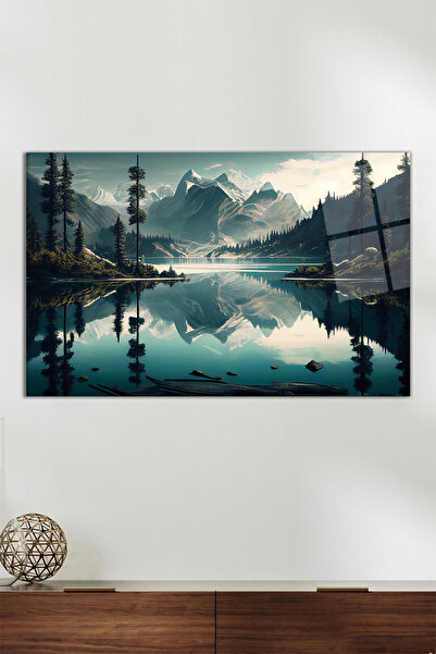 Vosevu Tabiat Dağ İllüstrasyon Yatay Cam Tablo, Modern Ev Ofis Dekoru Hediyel...