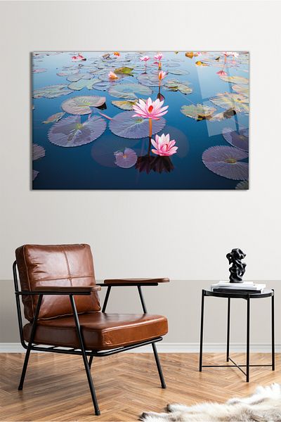 Vosevu Pictură pe sticlă orizontală cu flori de lotus roz, decor modern pentru birou, decorare de perete pentru cadou, rezistentă la spargere