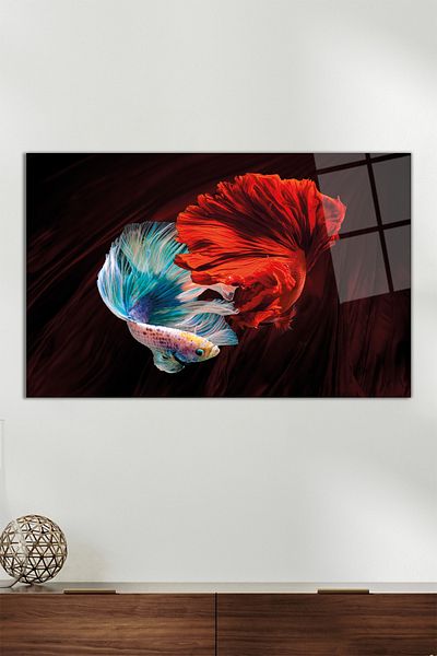 Vosevu Red Blue Beta Fishes Horizontal Glass Painting, Modern Home Office Decor, Gift Wall Decoration