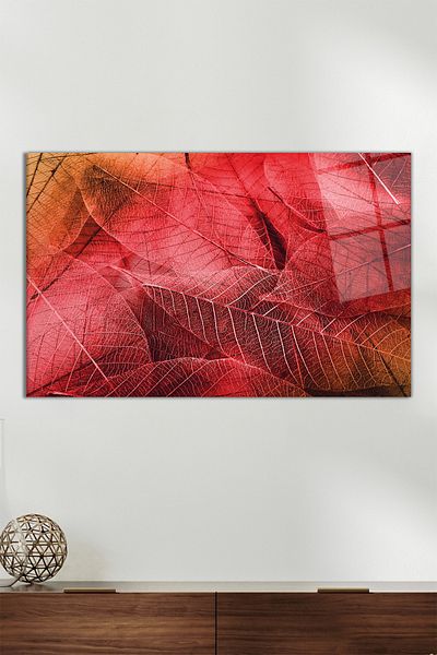 Vosevu Macro Red Leaf Horizontal Glass Table, Modern Home Office Decor Gift Wall Decoration Unbreakable Glass