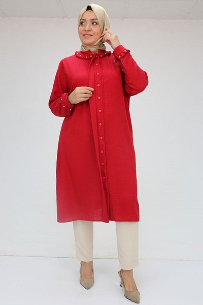 Eslina 58024 Large Size Collar and Sleeve Cuff Stoned Linen Tunic - Claret Red