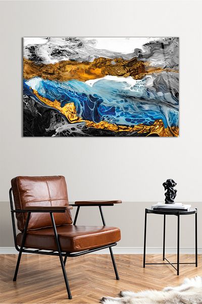 Vosevu Masa orizontala din sticla cu detaliu din aur albastru cu aspect de marmura, decor modern pentru birou, decorare pentru perete cadou