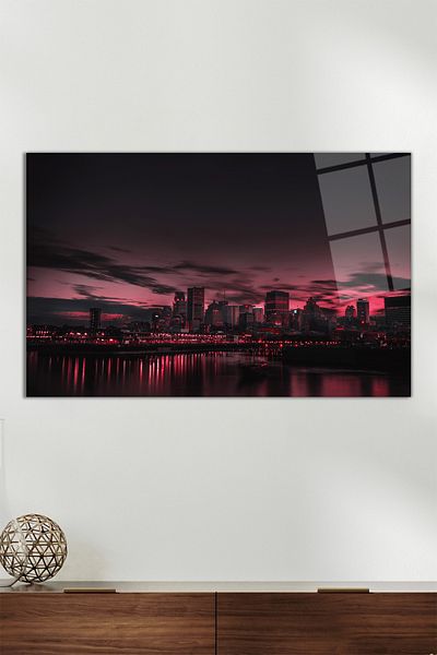 Vosevu Red City Landscape Horizontal Glass Painting, Modern Home Office Decor, Gift Wall Decoration, Unbreakable