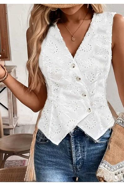 Dumantekstil Vest Without Fans. Scalloped Fabric. White Lace Vest. V-Neck with Buttons Perfect, Casual Stylish Clothing
