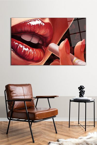 Vosevu Woman's Lip and Cigarette Horizontal Glass Painting, Modern Home Office Decor, Gift Wall Decoration, Shatterproof