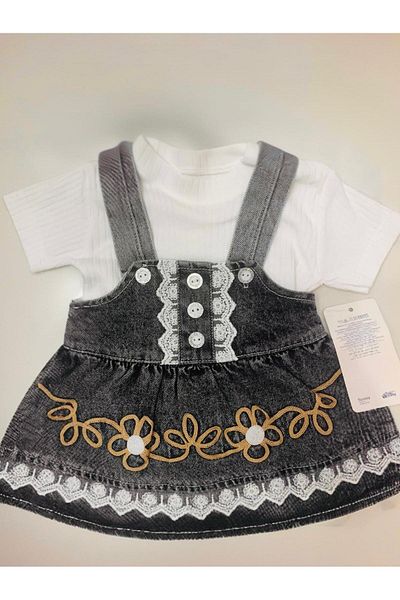 XORVİO Girl Child Baby Embroidery Detail Salopet 2 Li Suit Smoked Denim Skirt Short Sleeve T-Shirt Summer Cotton Dress