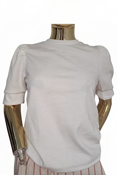 KIABI KİABİ ÇOK RAHAT BEL HİZASI BALON / KARPUZ KOL ESNEK DOKUMA KREMRENGİ SIFIR YAKA TİŞÖRT BLUZ