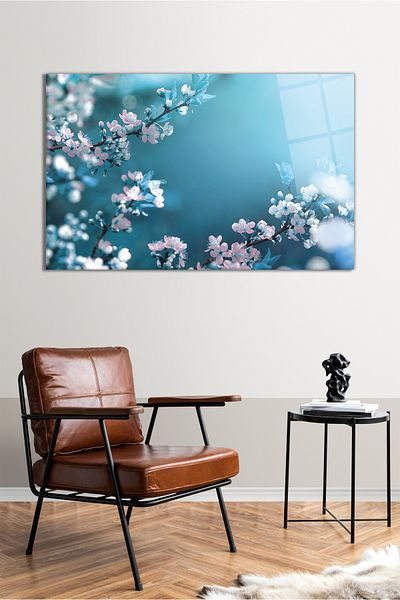 Vosevu Pictură pe sticlă orizontală cu flori albe de primăvară, decor modern pentru birou, decorare de perete pentru cadou, rezistentă la spargere