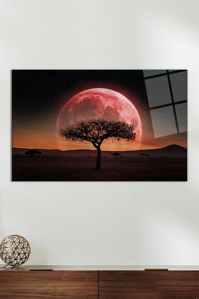 Vosevu Red Sky Tree and Full Moon Horizontal Glass Painting, Modern Home Office Decor, Gift Wall Decoration