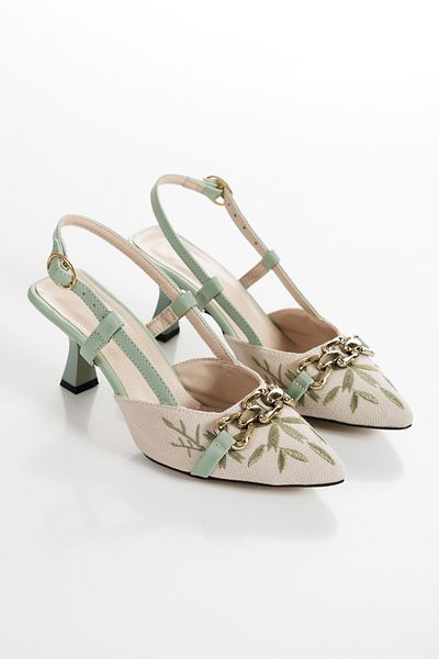 Moda Hanım Women's Green Linen Casual Open Back Heeled Shoes