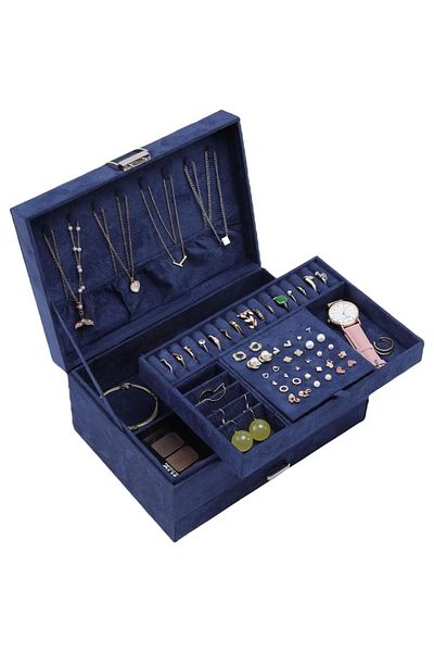 varioshop Cutie pentru bijuterii din catifea VarioShop®, cu 3 nivele si cheita, pentru inele, coliere, bratar