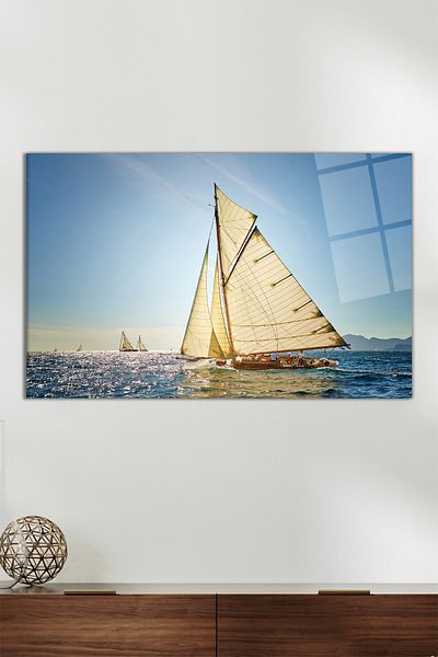 Vosevu Pictură pe sticlă orizontală cu barca cu vele în mare, decor modern pentru birou, decorare de perete cadou, sticlă rezistentă la spargere
