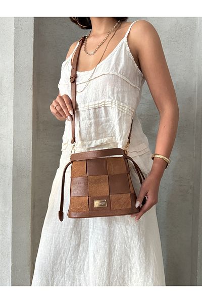 DERKON Genuine Leather Tezza Model Crossbody and Shoulder Bag Tan Color