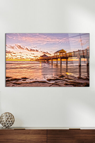 Vosevu İskele Deniz Gün Batımı Yatay Cam Tablo, Modern Ev Ofis Dekoru, Hediye...