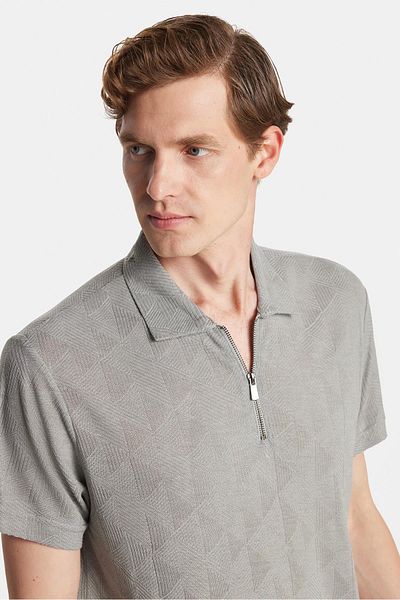 Tudors Men's Slim Fit Slim Fit Viscose Zippered Polo Neck Gray T-Shirt