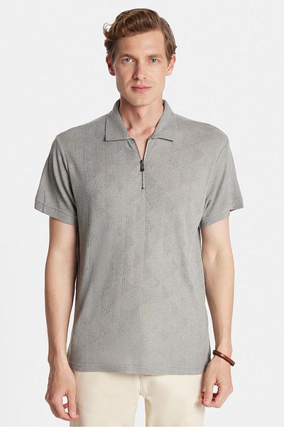 Tudors Men's Slim Fit Slim Fit Viscose Zippered Polo Neck Gray T-Shirt