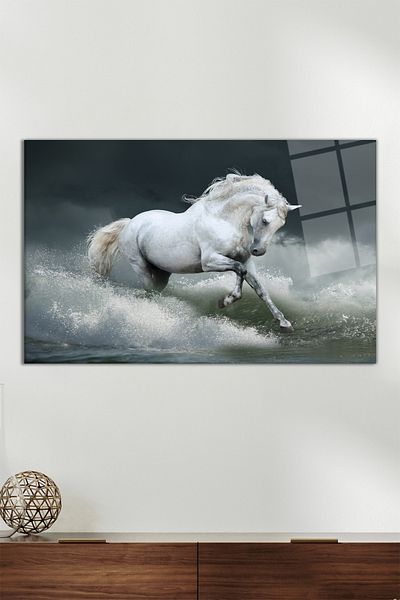 Vosevu Horse in Waves Horizontal Glass Painting, Modern Home Office Decor, Gift Wall Decoration, Unbreakable Glass