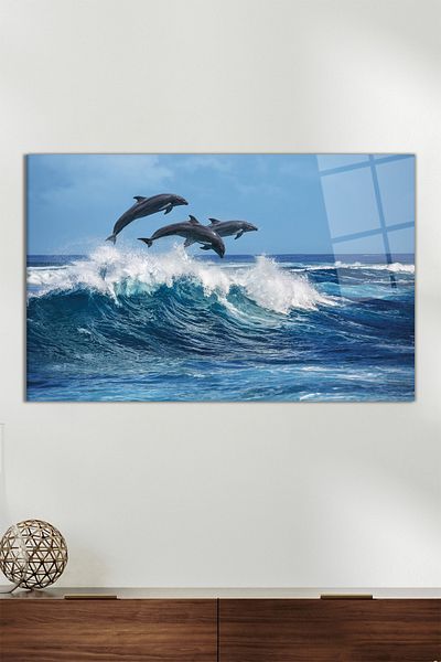 Vosevu Delfini care sărită pe valuri pictură orizontală pe sticlă, decor modern pentru birou, decorare de perete cadou