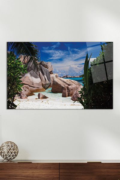Vosevu Tropik Island and Rocks Masa orizontala din sticla, Decor modern pentru birou, Decorare de perete pentru cadou, rezistenta la spargere