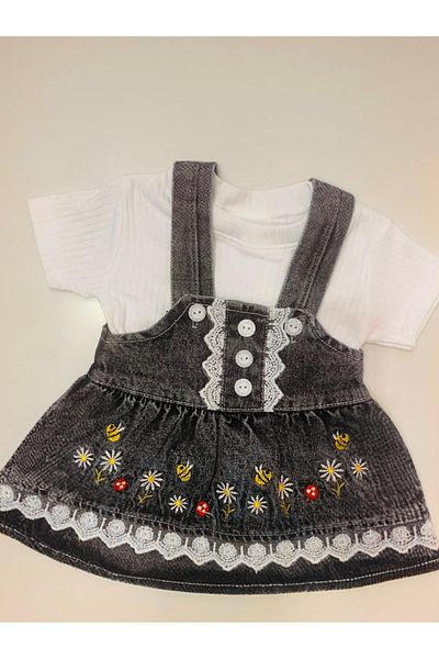 XORVİO Girl Child Baby Embroidery Detail Salopet 2 Piece Set Anthracite Denim Skirt Short Sleeve T-Shirt Summer Cotton Dress