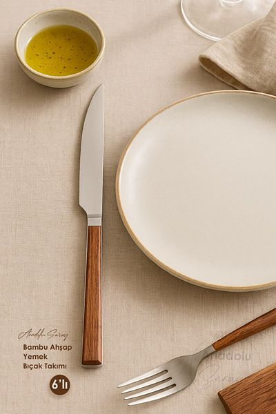 Anadolu Saray 6 Pieces Wooden Bamboo Look Plastic Detailed Dinner Knife Set |   6 Piece Luxury Dinner Knife Set