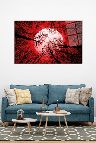 Vosevu Kızıl Gökyüzü Orman ve Ay Yatay Cam Tablo, Modern Ev Ofis Dekoru, Hediyelik Duvar Dekorasyonu