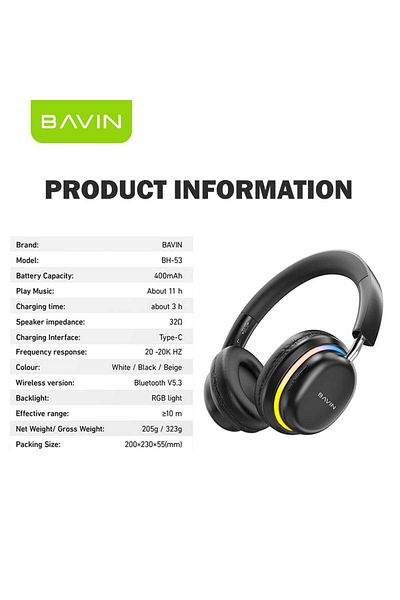 Bavin Wireless Bluetooth earbuds, excellent sound quality, lightweight, rechargeable, and RGB lighting