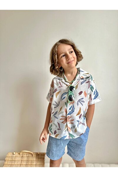 MİNİKO KİDS Boy's Leaf Patterned Muslin Shorts and Shirt Cotton Suit