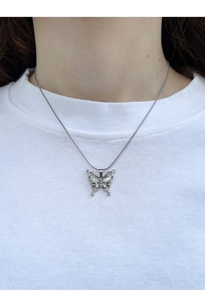 Eylülün Takısı Women's Silver Color Jewelled Butterfly Necklace